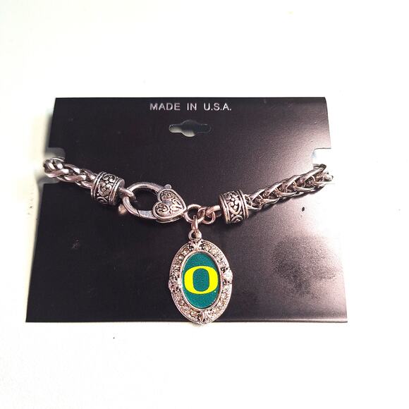 Oregon Ducks Charm Love Football Green Silver Toggle Bracelet Jewelry UO - Picture 2 of 3